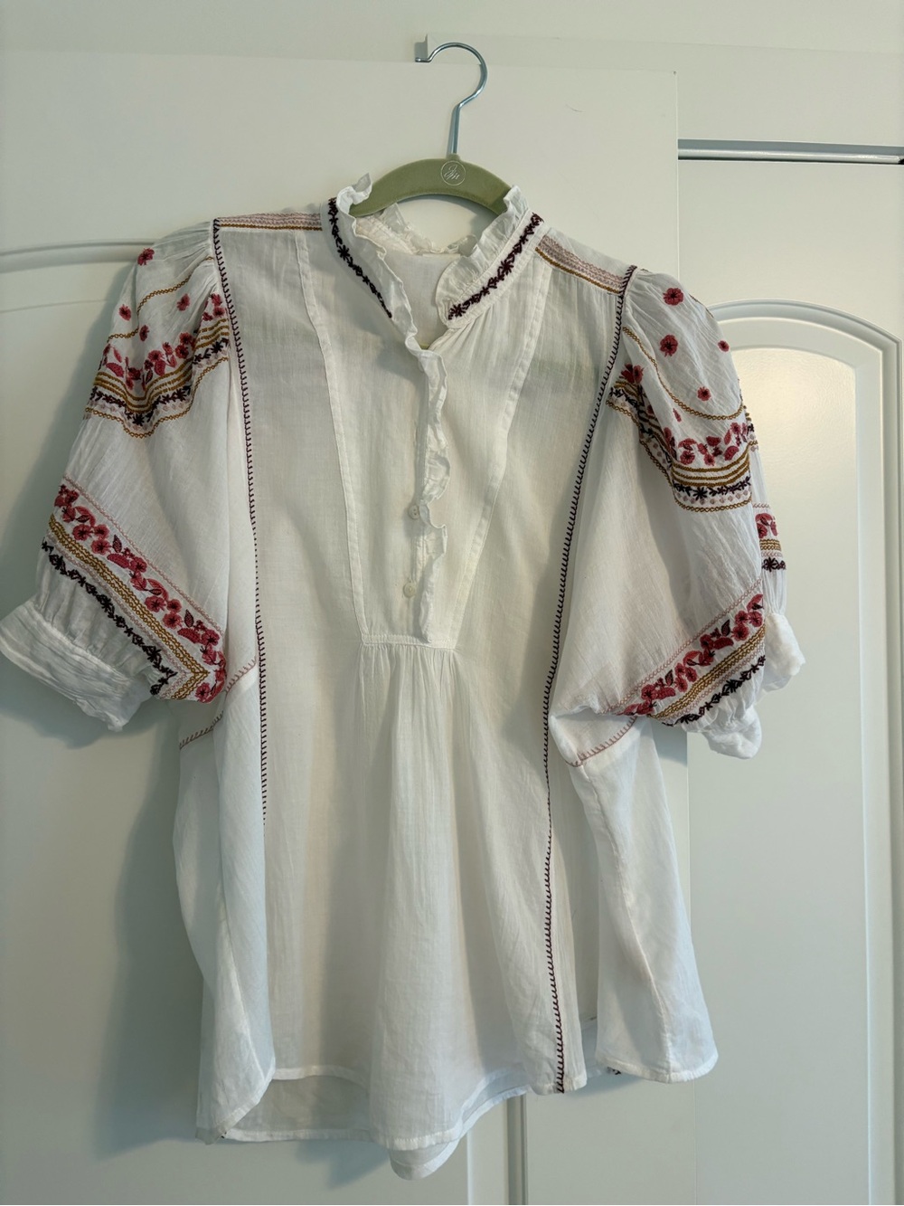 Anthropologie Womens White Embroidered Puff Sleeve Dress Top